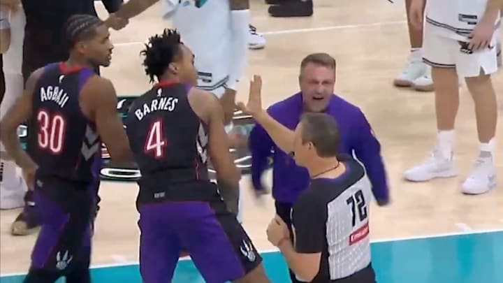 Toronto Raptors coach Darko Rajakovic screams at referee on Dec. 26, 2024.