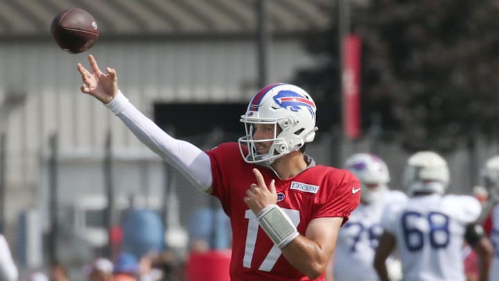 Bills quarterback Josh Allen sends the ball downfield on a deep route.