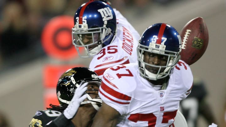 Nov 20, 2006; Jacksonville, FL, USA; New York Giants cornerback (35) Kevin Dockery and safety (37) James Butler 