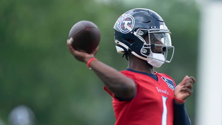 Tennessee Titans quarterback Cam Ward passes during OTAs at Ascension Saint Thomas Sports Park in Nashville.