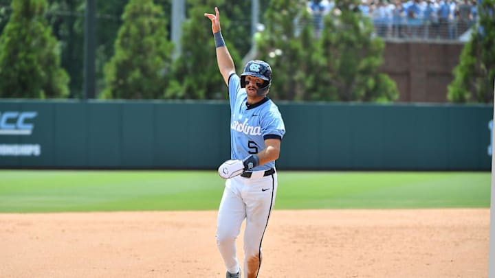North Carolina's Gavin Gallaher (5) reacts to the home run against Arizona hit by Tyson Bass (11) in the seventh inning. The North Carolina Tarheels and the Arizona Wildcats met in game two of the NCAA Division 1 Super Regionals in Chapel Hill, N.C. on June 7, 2025.
