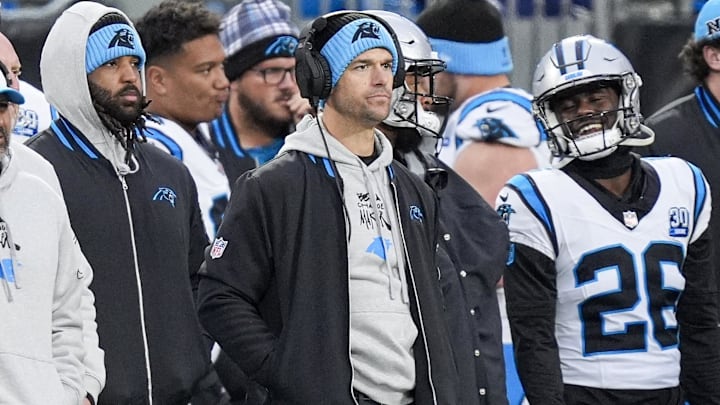 Dec 15, 2024; Charlotte, North Carolina, USA; Carolina Panthers head coach Dave Canales during the second half against the Dallas Cowboys at Bank of America Stadium. Mandatory Credit: Jim Dedmon-Imagn Images