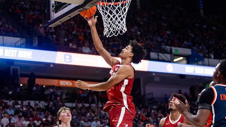 Alabama forward Keitenn Bristow goes to the rim in the second half of the exhibition game against Auburn on Oct. 22, 2026.