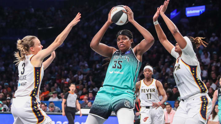 Jun 2, 2024; Brooklyn, New York, USA; New York Liberty forward Jonquel Jones (35) and Indiana Fever guard Kristy Wallace (3) and forward NaLyssa Smith (1) at Barclays Center. Mandatory Credit: Wendell Cruz-USA TODAY Sports Jun 2, 2024; Brooklyn, New York, USA; New York Liberty forward Jonquel Jones (35) and Indiana Fever guard Kristy Wallace (3) and forward NaLyssa Smith (1) at Barclays Center. Mandatory Credit: Wendell Cruz-USA TODAY Sports