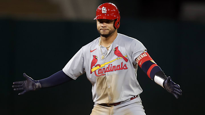 Wilson Contreras celebrating an RBI 2b en route to the Cardinals beating the Athletics on Monday night in Oakland.