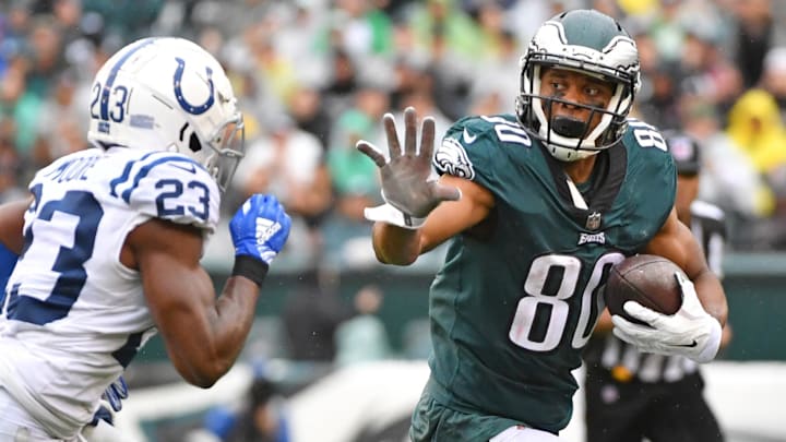 Sep 23, 2018; Philadelphia, PA, USA; Philadelphia Eagles wide receiver Jordan Matthews (80) stiff arms Indianapolis Colts cornerback Kenny Moore (23) during the third quarter at Lincoln Financial Field.