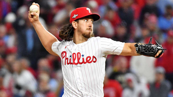 Oct 23, 2023; Philadelphia, Pennsylvania, USA; Philadelphia Phillies starting pitcher Michael Lorenzen (22) pitches during the fifth inning against the Arizona Diamondbacks in game six of the NLCS for the 2023 MLB playoffs at Citizens Bank Park. 