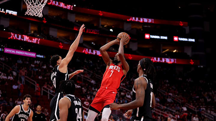 Oct 27, 2025; Houston, Texas, USA; Houston Rockets forward Kevin Durant (7) shoots against the Brooklyn Nets during the first quarter at Toyota Center. Mandatory Credit: Erik Williams-Imagn Images
