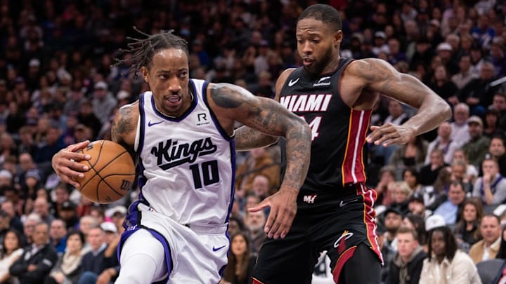 Jan 6, 2025; Sacramento, California, USA; Sacramento Kings forward DeMar DeRozan (10) drives to the basket during the third quarter of the game against the Miami Heat at Golden 1 Center. Mandatory Credit: Ed Szczepanski-Imagn Images Jan 6, 2025; Sacramento, California, USA; Sacramento Kings forward DeMar DeRozan (10) drives to the basket during the third quarter of the game against the Miami Heat at Golden 1 Center. Mandatory Credit: Ed Szczepanski-Imagn Images