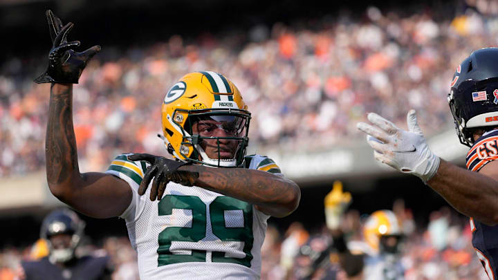 Green Bay Packers cornerback Rasul Douglas (29) celebrates breaking up a pass intended for Chicago Bears tight end Cole Kmet (85) in the end zone during second quarter of their game on Sunday, Sept. 10, 2023 at Soldier Field in Chicago.
