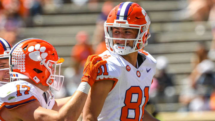 Clemson kicker Nolan Hauser (81) is congratulated after kicking a field goal during the first quarter of the Spring football game in Clemson, S.C. Saturday, April 6, 2024.