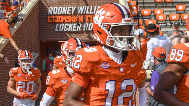Sep 21, 2024; Clemson, South Carolina, USA; Clemson Tigers wide receiver Bryant Wesco Jr. (12) before a game against the North Carolina State Wolfpack at Memorial Stadium. Sep 21, 2024; Clemson, South Carolina, USA; Clemson Tigers wide receiver Bryant Wesco Jr. (12) before a game against the North Carolina State Wolfpack at Memorial Stadium.