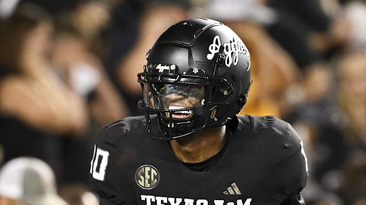 Oct 26, 2024; College Station, Texas, USA; Texas A&M Aggies quarterback Marcel Reed (10) reacts against the LSU Tigers during the third quarter. The Aggies defeated the Tigers 38-23; at Kyle Field. Mandatory Credit: Maria Lysaker-Imagn Images.