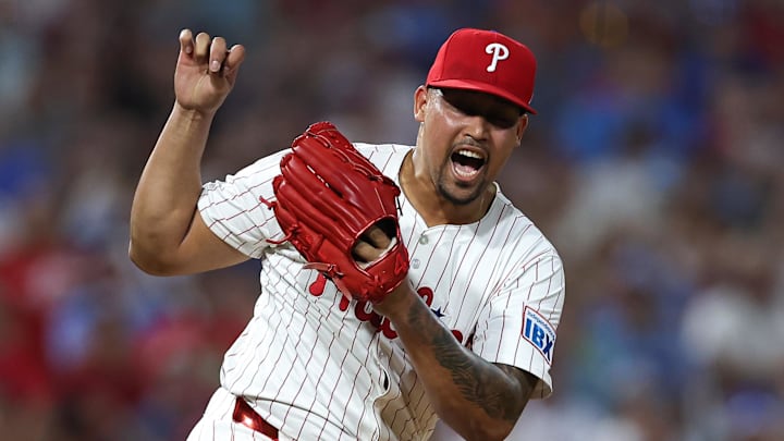 Aug 3, 2025; Philadelphia, Pennsylvania, USA; Philadelphia Phillies pitcher Jhoan Duran (59) reacts after a strike out to end the ninth inning of a win against the Detroit Tigers at Citizens Bank Park.