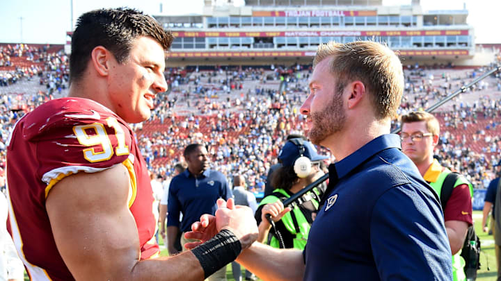 Sep 17, 2017; Los Angeles, CA, USA; Los Angeles Rams head coach Sean McVay shakes hands with Washington Redskins outside linebacker Ryan Kerrigan (91) after the game at the Los Angeles Memorial Coliseum. Mandatory Credit: Jayne Kamin-Oncea-Imagn Images Sep 17, 2017; Los Angeles, CA, USA; Los Angeles Rams head coach Sean McVay shakes hands with Washington Redskins outside linebacker Ryan Kerrigan (91) after the game at the Los Angeles Memorial Coliseum. Mandatory Credit: Jayne Kamin-Oncea-Imagn Images