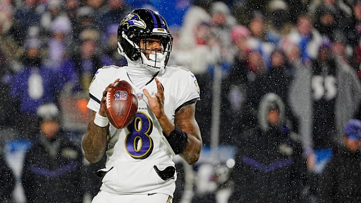 Baltimore Ravens quarterback Lamar Jackson gets ready to launch the ball during first half action at the Buffalo Bills divisional game against the Baltimore Ravens at Highmark Stadium in Orchard Park on Jan. 19, 2025.