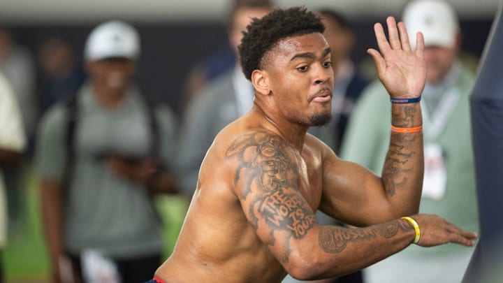 Auburn Tigers defensive end Keldric Faulk (15) runs drills during Auburn football pro day at Woltosz Performance Center in Auburn, Ala. on Tuesday, March 24, 2026.