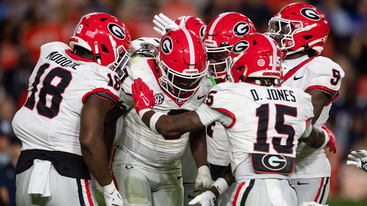 Georgia Bulldogs inside linebacker CJ Allen (3) celebrates his sack as Auburn Tigers take on Georgia Bulldogs at Jordan-Hare Stadium in Auburn, Ala. on Saturday, Oct. 11, 2025. Georgia Bulldogs defeated Auburn Tigers 20-10.