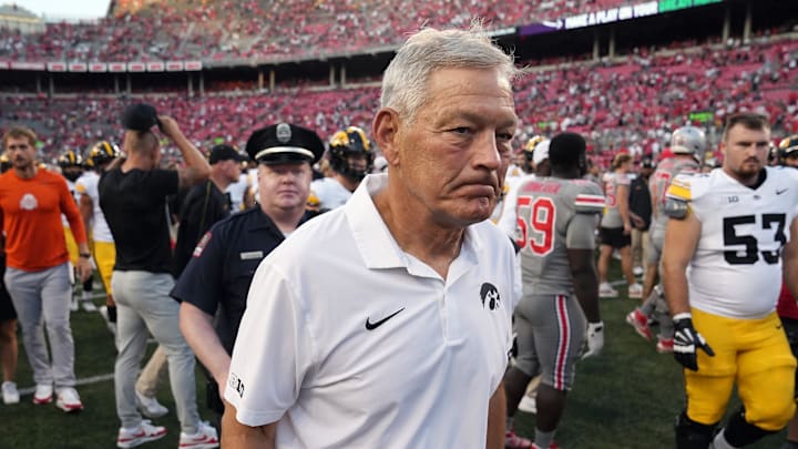 Oct 5, 2024; Columbus, OH, USA; Iowa Hawkeyes head coach Kirk Ferentz walks off the field after losing to Ohio State Buckeyes 35-7 after the NCAA football game at Ohio Stadium. Oct 5, 2024; Columbus, OH, USA; Iowa Hawkeyes head coach Kirk Ferentz walks off the field after losing to Ohio State Buckeyes 35-7 after the NCAA football game at Ohio Stadium.