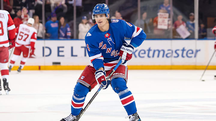 Apr 4, 2026; New York, New York, USA; New York Rangers defenseman Braden Schneider (4) warms up before the first period against the Detroit Red Wings at Madison Square Garden. Mandatory Credit: Danny Wild-Imagn Images