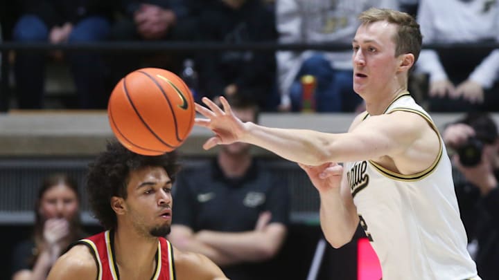 Maryland Terrapins guard Ja'Kobi Gillespie (0) defends Purdue Boilermakers guard Fletcher Loyer (2) Maryland Terrapins guard Ja'Kobi Gillespie (0) defends Purdue Boilermakers guard Fletcher Loyer (2)