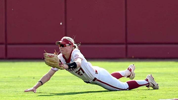 Oklahoma's Hannah Coor makes a diving catch in the seventh inning of Game 1 during the Norman Super Regional. Oklahoma's Hannah Coor makes a diving catch in the seventh inning of Game 1 during the Norman Super Regional.