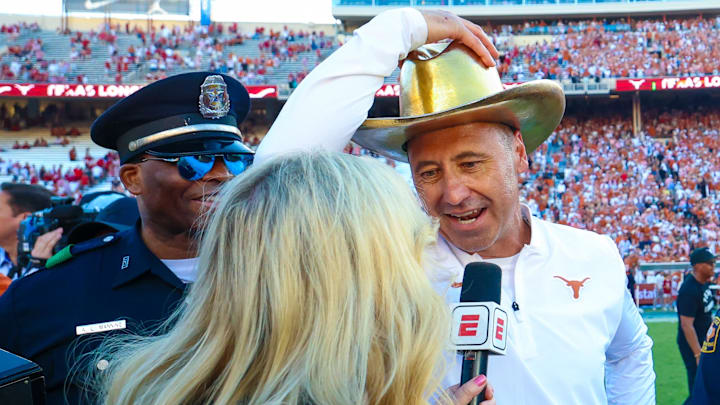 Oct 11, 2025; Dallas, Texas, USA;  Texas Longhorns head coach Steve Sarkisian wears the Golden Hat after the game against the Oklahoma Sooners at the Cotton Bowl. Mandatory Credit: Kevin Jairaj-Imagn Images