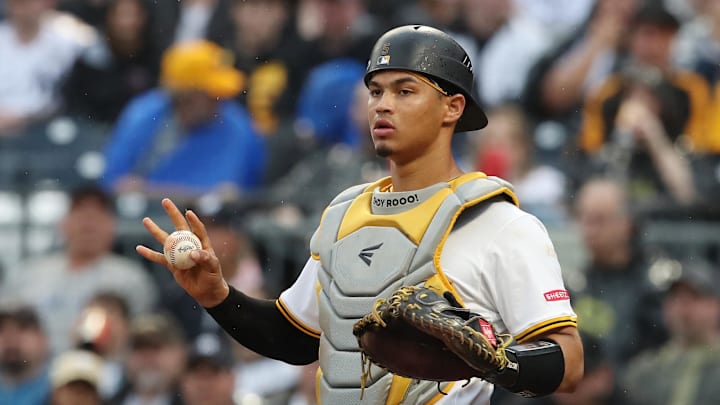 Apr 5, 2025; Pittsburgh, Pennsylvania, USA;  Pittsburgh Pirates catcher Endy Rodriguez (5) asks for time-out against the New York Yankees during the fifth inning at PNC Park. Mandatory Credit: Charles LeClaire-Imagn Images