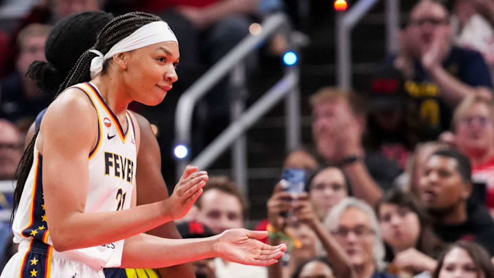 Indiana Fever forward Makayla Timpson (21) celebrates Thursday, April 30, 2026, during the second half of a preseason game at Gainbridge Fieldhouse in Indianapolis. The Dallas Wings defeated the Indiana Fever, 95-80. Indiana Fever forward Makayla Timpson (21) celebrates Thursday, April 30, 2026, during the second half of a preseason game at Gainbridge Fieldhouse in Indianapolis. The Dallas Wings defeated the Indiana Fever, 95-80.
