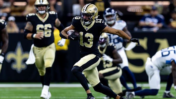 Aug 25, 2024; New Orleans, Louisiana, USA;  New Orleans Saints wide receiver Equanimeous St. Brown (13) catches a pass against the Tennessee Titans during the first half at Caesars Superdome. Mandatory Credit: Stephen Lew-USA TODAY Sports