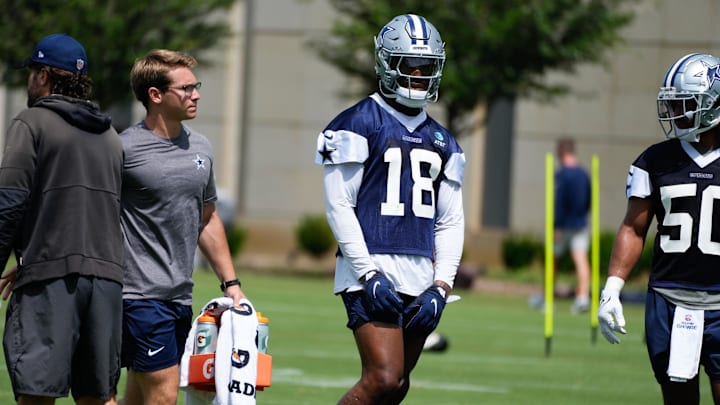 Jun 5, 2024; Frisco, TX, USA;  Dallas Cowboys linebacker Damone Clark (18) goes through a drill during practice at the Ford Center at the Star Training Facility in Frisco, Texas. Mandatory Credit: Chris Jones-Imagn Images