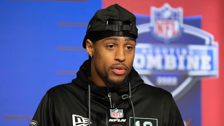 Mar 5, 2022; Indianapolis, IN, USA; Washington defensive back Kyler Gordon (DB16) talks to the media during the 2022 NFL Scouting Combine at Lucas Oil Stadium. Mandatory Credit: Trevor Ruszkowski-Imagn Images