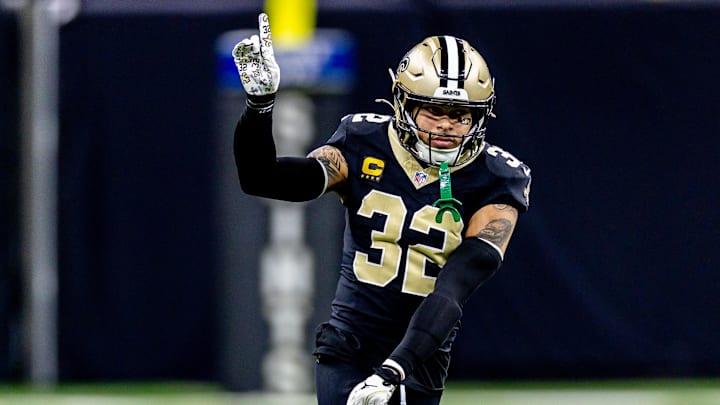 Dec 29, 2024; New Orleans, Louisiana, USA;  New Orleans Saints safety Tyrann Mathieu (32) reacts to a play against the Las Vegas Raiders during the second half at Caesars Superdome. Mandatory Credit: Stephen Lew-Imagn Images