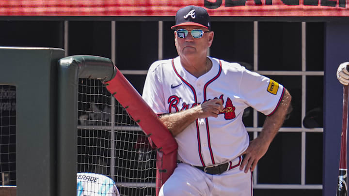 Aug 25, 2024; Cumberland, Georgia, USA; Atlanta Braves manager Brian Snitker (43) shown in the dugout during the game against the Washington Nationals during the ninth inning at Truist Park.