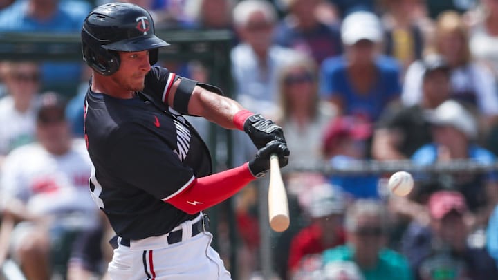 Minnesota Twins' Kyler Fedko hits a go-ahead single during a spring training game against the Colorado Rockies at Lee Health Sports Complex in Fort Myers, Fla., on Tuesday, March 25, 2025. Minnesota Twins' Kyler Fedko hits a go-ahead single during a spring training game against the Colorado Rockies at Lee Health Sports Complex in Fort Myers, Fla., on Tuesday, March 25, 2025.