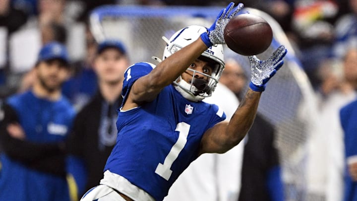 Jan 5, 2025; Indianapolis, Indiana, USA; Indianapolis Colts wide receiver Josh Downs (1) catches a pass during the second quarter against the Jacksonville Jaguars at Lucas Oil Stadium. Mandatory Credit: Marc Lebryk-Imagn Images