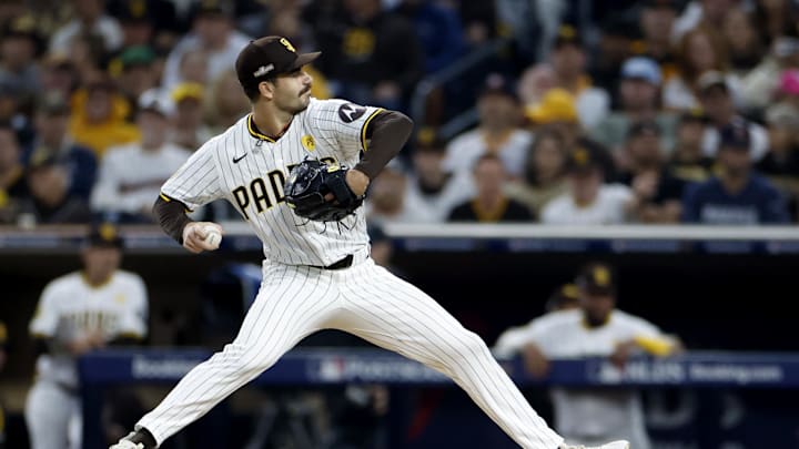 Oct 9, 2024; San Diego, California, USA; San Diego Padres pitcher Dylan Cease (84) throws in the second inning against the Los Angeles Dodgers during game four of the NLDS for the 2024 MLB Playoffs at Petco Park. Oct 9, 2024; San Diego, California, USA; San Diego Padres pitcher Dylan Cease (84) throws in the second inning against the Los Angeles Dodgers during game four of the NLDS for the 2024 MLB Playoffs at Petco Park.