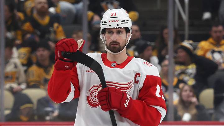 Jan 1, 2026; Pittsburgh, Pennsylvania, USA;  Detroit Red Wings center Dylan Larkin (71) looks on against the Pittsburgh Penguins during the third period at PPG Paints Arena. Mandatory Credit: Charles LeClaire-Imagn Images
