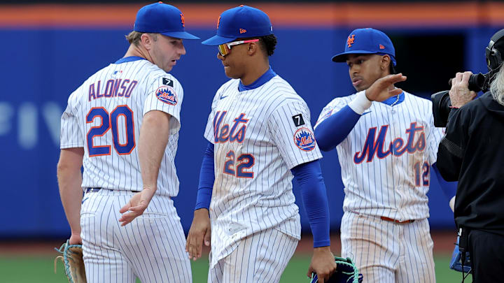 Apr 4, 2025; New York City, New York, USA; New York Mets right fielder Juan Soto (22) celebrates with first baseman Pete Alonso (20) and shortstop Francisco Lindor (12) after defeating the Toronto Blue Jays at Citi Field. Mandatory Credit: Brad Penner-Imagn Images