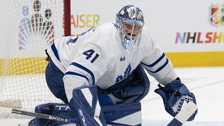 Apr 2, 2026; San Jose, California, USA;  Toronto Maple Leafs goaltender Anthony Stolarz (41) defends the goal during the second period against the San Jose Sharks at SAP Center at San Jose. Mandatory Credit: Stan Szeto-Imagn Images