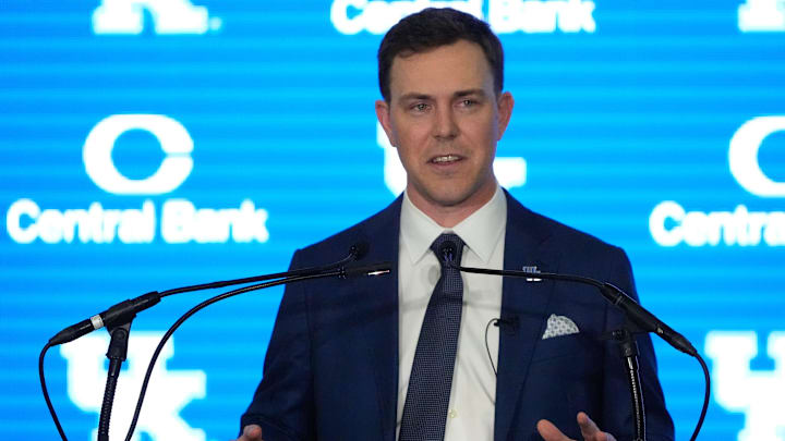 New Kentucky Wildcat head coach Will Stein makes remarks as he is introduced at Kentucky on Wednesday, December 3, 2025