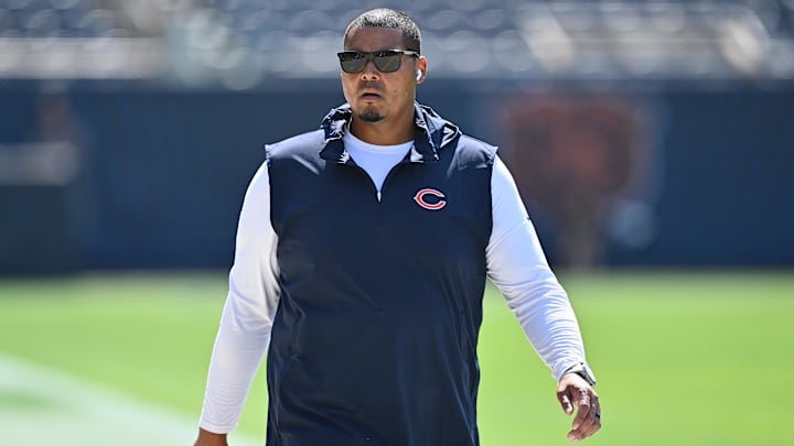Sep 10, 2023; Chicago, Illinois, USA;  Chicago Bears general manager Ryan Poles walks laps around the field before their game against the Green Bay Packers at Soldier Field. Mandatory Credit: Jamie Sabau-Imagn Images