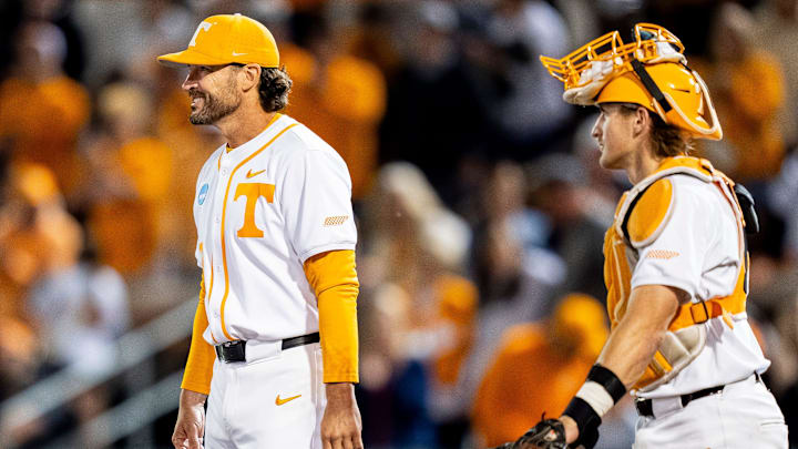 Tennessee head coach Tony Vitello smiles as he approaches the mound to take pitcher Liam Doyle out of the game during a NCAA Baseball Tournament Knoxville Regional game between Tennessee and Miami Ohio on May 30, 2025.
