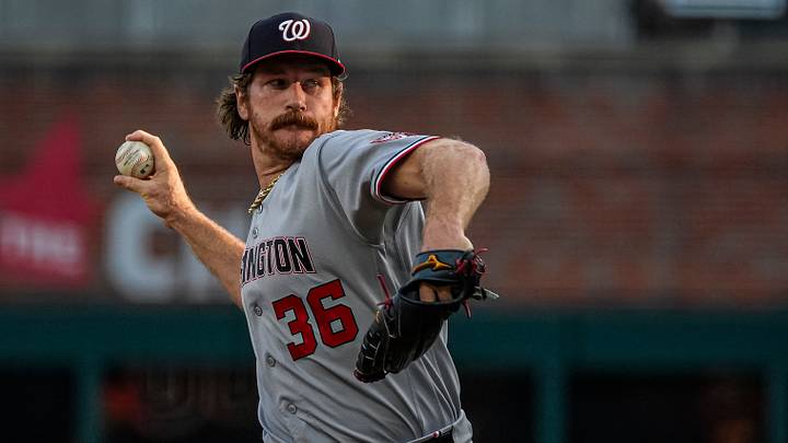 Aug 1, 2026; Cumberland, Georgia, USA; Washington Nationals pitcher Miles Mikolas (36) pitches against the Atlanta Braves during the first inning at Truist Park. Mandatory Credit: Dale Zanine-Imagn Images Aug 1, 2026; Cumberland, Georgia, USA; Washington Nationals pitcher Miles Mikolas (36) pitches against the Atlanta Braves during the first inning at Truist Park. Mandatory Credit: Dale Zanine-Imagn Images