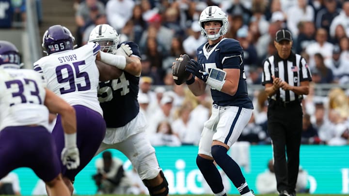 Penn State Nittany Lions quarterback Drew Allar looks to throw a pass during the third quarter against the Northwestern Wildcats at Beaver Stadium. Penn State Nittany Lions quarterback Drew Allar looks to throw a pass during the third quarter against the Northwestern Wildcats at Beaver Stadium.