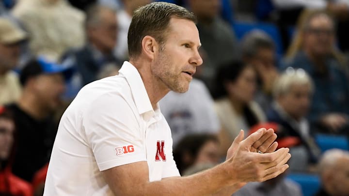 Mar 3, 2026; Los Angeles, California, USA; Nebraska Cornhuskers head coach Fred Hoiberg cheers on his team during the first half against the UCLA Bruins at Pauley Pavilion presented by Wescom Financial. Mandatory Credit: Robert Hanashiro-Imagn Images