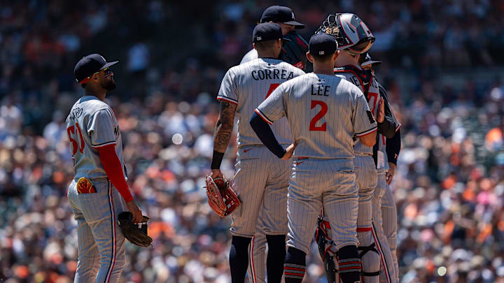 Players of the Minnesota Twins gather on top of the mound during their game against the Detroit Tigers at Comerica Park in Detroit on Saturday, June 28, 2025.