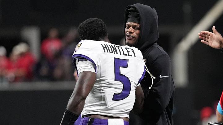 Oct 11, 2026; Atlanta, Georgia, USA; Baltimore Ravens quarterback Tyler Huntley (5) celebrates with quarterback Lamar Jackson (8) after a touchdown during overtime against the Atlanta Falcons at Mercedes-Benz Stadium. Oct 11, 2026; Atlanta, Georgia, USA; Baltimore Ravens quarterback Tyler Huntley (5) celebrates with quarterback Lamar Jackson (8) after a touchdown during overtime against the Atlanta Falcons at Mercedes-Benz Stadium.