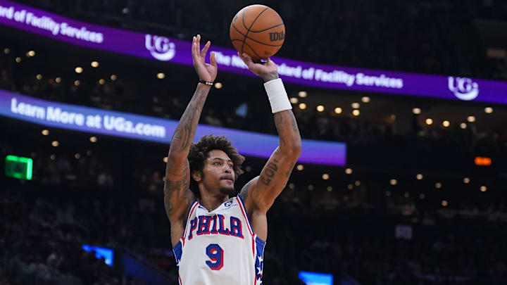 Mar 6, 2025; Boston, Massachusetts, USA; Philadelphia 76ers guard Kelly Oubre Jr. (9) shoots the ball against the Boston Celtics in the second quarter at TD Garden. Mandatory Credit: David Butler II-Imagn Images