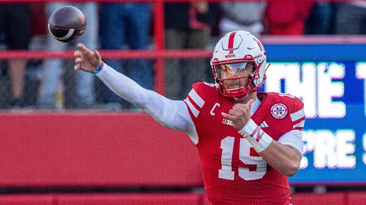 Sep 6, 2025; Lincoln, Nebraska, USA; Nebraska Cornhuskers quarterback Dylan Raiola (15) passes against the Akron Zips during the first quarter at Memorial Stadium. Mandatory Credit: Dylan Widger-Imagn Images